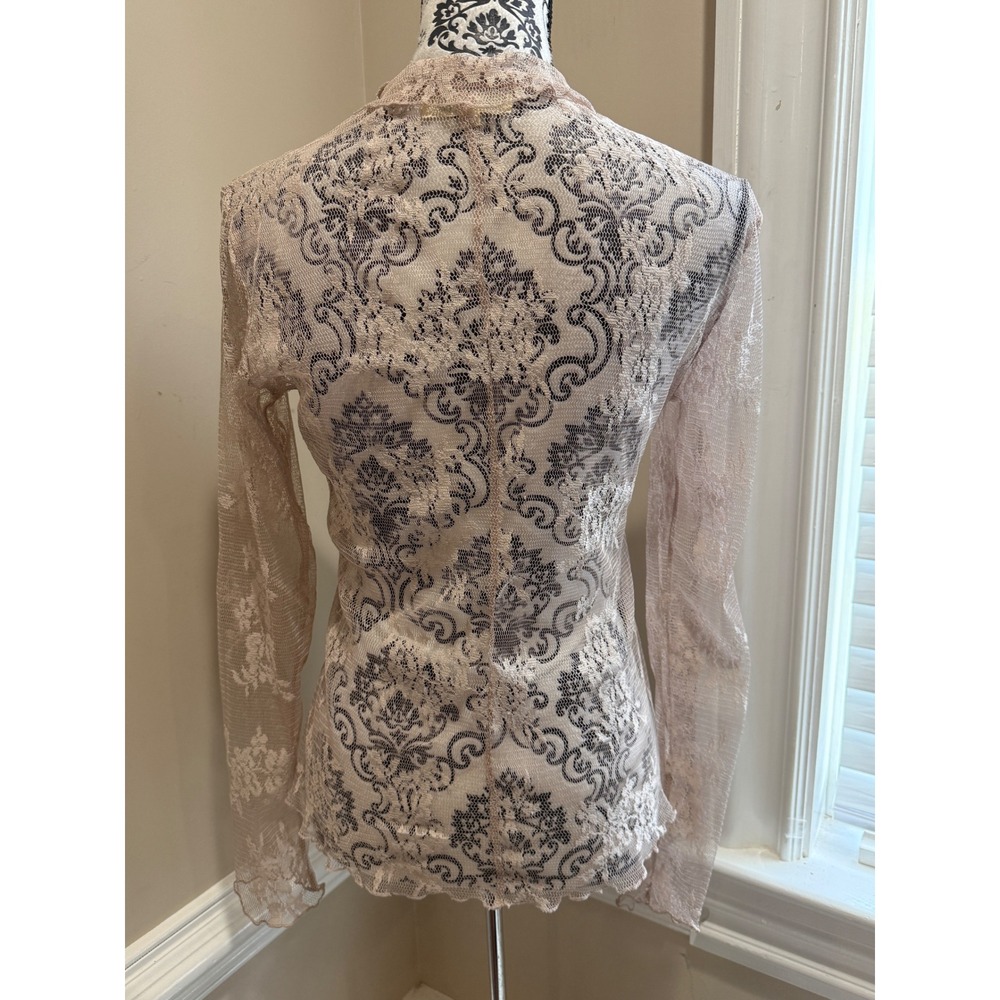 Womens Beige Lace Damask Mock Neck Sheer Long Sleeve Top Size S Whimsygoth - Picture 5 of 9
